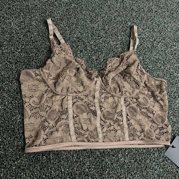 Nude Taupe Brown Tan Lace Structured Bustier Bra Corset Top Sexy Stretch Shirt S - Picture 12 of 16